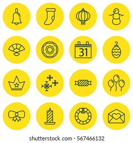 Set Of 16 Happy New Year Icons. Includes Air Ball, Winter, Fire Wax And Other Symbols. Beautiful Design Elements.