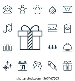 Set Of 16 Happy New Year Icons. Includes Christmas Ball, Date, Winter And Other Symbols. Beautiful Design Elements.