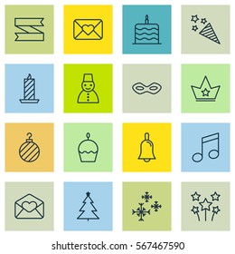 Set Of 16 Happy New Year Icons. Includes Carnival Face, Corona, Blank Ribbon And Other Symbols. Beautiful Design Elements.