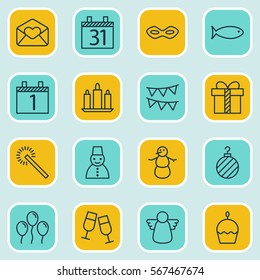 Set Of 16 Happy New Year Icons. Includes Fishing, Date, Snow Person And Other Symbols. Beautiful Design Elements.