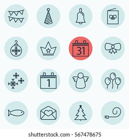 Set Of 16 Happy New Year Icons. Includes Greeting Email, Date, Handbell Symbols. Beautiful Design Elements.