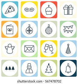 Set Of 16 Happy New Year Icons. Includes Holiday Ornament, Snow Person, Celebration Card And Other Symbols. Beautiful Design Elements.