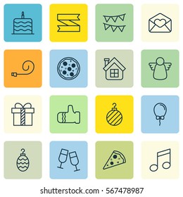 Set Of 16 Happy New Year Icons. Includes Christmas Toy, Greeting Email, Celebrate Whistle And Other Symbols. Beautiful Design Elements.