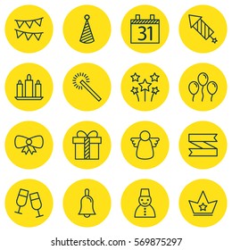 Set Of 16 Happy New Year Icons. Includes Date, Champagne Glasses, Corona And Other Symbols. Beautiful Design Elements.