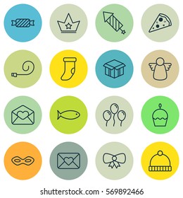 Set Of 16 Happy New Year Icons. Includes Carnival Face, Air Ball, Sweet And Other Symbols. Beautiful Design Elements.