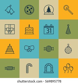 Set Of 16 Happy New Year Icons. Includes Ringer, Pizza Meal, Dessert And Other Symbols. Beautiful Design Elements.