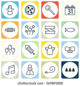 Set Of 16 Happy New Year Icons. Includes Archangel, Crotchets, Firework And Other Symbols. Beautiful Design Elements.
