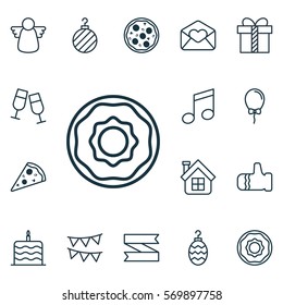 Set Of 16 Happy New Year Icons. Includes Celebration Cake, Champagne Glasses, Gift And Other Symbols. Beautiful Design Elements.