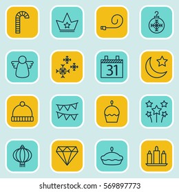 Set Of 16 Happy New Year Icons. Includes Lollipop, Traditional Lamp, Tree Toy And Other Symbols. Beautiful Design Elements.