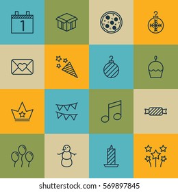 Set Of 16 Happy New Year Icons. Includes Christmas Ball, Fire Wax, Pizza Meal And Other Symbols. Beautiful Design Elements.