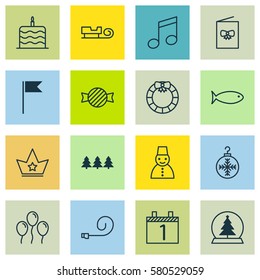 Set Of 16 Happy New Year Icons. Includes Fishing, Snow Person, Flag Point And Other Symbols. Beautiful Design Elements.