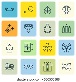 Set Of 16 Happy New Year Icons. Includes Lorry Birthday, Wedding Jewel, Traditional Lamp And Other Symbols. Beautiful Design Elements.