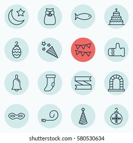 Set Of 16 Happy New Year Icons. Includes Arch, Fishing, Blank Ribbon And Other Symbols. Beautiful Design Elements.