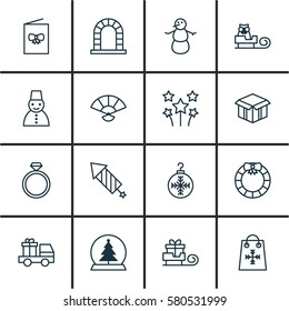 Set Of 16 Happy New Year Icons. Includes Magic Sphere, Snow Person, Festive Fireworks And Other Symbols. Beautiful Design Elements.