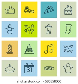 Set Of 16 Happy New Year Icons. Includes Winter, Decorative Flags, Crotchets And Other Symbols. Beautiful Design Elements.
