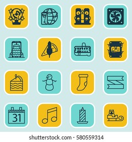 Set Of 16 Happy New Year Icons. Includes Cake Piece, Festive Fireworks, Sleigh And Other Symbols. Beautiful Design Elements.
