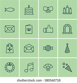 Set Of 16 Happy New Year Icons. Includes Birthday Hat, Trading, Butterfly Knot And Other Symbols. Beautiful Design Elements.
