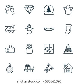 Set Of 16 Happy New Year Icons. Includes Christmas Ball, Brilliant, Magic Sphere And Other Symbols. Beautiful Design Elements.
