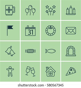 Set Of 16 Happy New Year Icons. Includes Wax, Fishing, Celebration Letter And Other Symbols. Beautiful Design Elements.