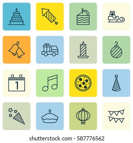 Set Of 16 Happy New Year Icons. Includes Fire Wax, Christmas Ball, Ringer And Other Symbols. Beautiful Design Elements.