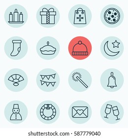 Set Of 16 Happy New Year Icons. Includes Japan Souvenir, Gift, Garland Symbols. Beautiful Design Elements.