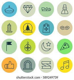 Set Of 16 Happy New Year Icons. Includes Crescent, Mitten, Flan And Other Symbols. Beautiful Design Elements.