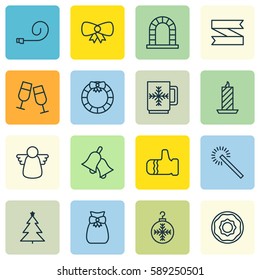Set Of 16 Happy New Year Icons. Includes Fire Wax, Celebrate Whistle, Archangel And Other Symbols. Beautiful Design Elements.