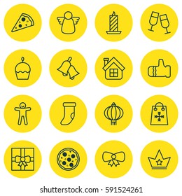 Set Of 16 Happy New Year Icons. Includes Archangel, Champagne Glasses, Gift Surprise And Other Symbols. Beautiful Design Elements.