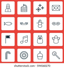 Set Of 16 Happy New Year Icons. Includes Carnival Face, Placard, Crotchets And Other Symbols. Beautiful Design Elements.