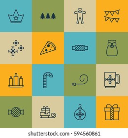Set Of 16 Happy New Year Icons. Includes Sweet, Tree Toy, Star Snow And Other Symbols. Beautiful Design Elements.
