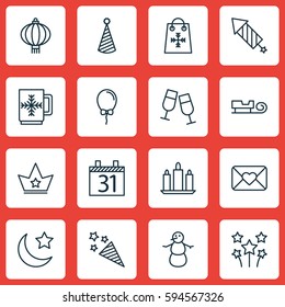 Set Of 16 Happy New Year Icons. Includes Birthday Hat, Traditional Lamp, Date And Other Symbols. Beautiful Design Elements.