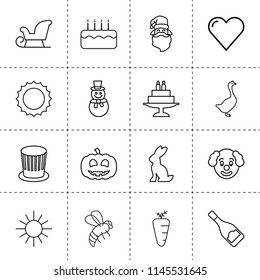Set of 16 happy outline icons such as goose, sun, bee, carrot, clown, pumpkin, cake, business, champagne bottle, snowman, santa claus, st patricks day hat, sledge