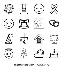 Set of 16 happy outline icons such as bed mobile, cake with one candle, smiling emot, emoji angel, swing, baby bed, heart, sun, party hat, fireworks, ribbon, family home