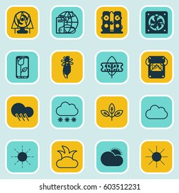 Set Of 16 Harmony Icons. Includes Sunny Weather, Snowstorm, Sprout And Other Symbols. Beautiful Design Elements.