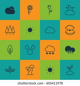 Set Of 16 Harmony Icons. Includes Love Flower, Water Drops, Sunflower And Other Symbols. Beautiful Design Elements.