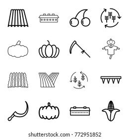 Set of 16 harvest outline icons such as field, harvest, barn, pumpkin, corn, cherry, plowing tool, scythe
