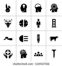 Set of 16 head filled icons such as cow, businessman, businessmen group, engine head, hight beem light, idea, screw, woman, bunny, moose, brain, medical care