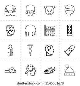 Set of 16 head outline icons such as shower, pig, money in head, engine head, businessman, screw, front car light, vr, skull, medical mirror, rocket medical, football plan