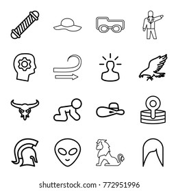 Set of 16 head outline icons such as eagle, bull skull, baby crawl, hair curler, woman hairstyle, woman hat, alien head, gear in head, medical reflector, user bulb, knight
