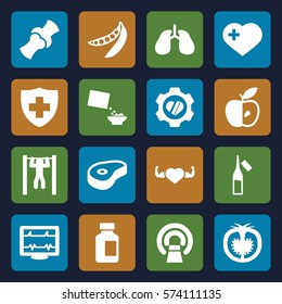 Set of 16 Health filled icons such as heart with cross, heartbeat, apple, medical bottle, ampoule, MRI, heart with muscles, heart in gear, beef, lungs, bar   tightening, bone, medical sign