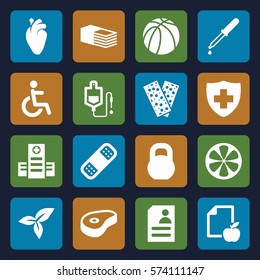 Set of 16 Health filled icons such as resume, paper and apple, hospital, pipette, drop counter, bandage, leaf, beef, heart organ, disabled, medical sign, basketball, lemon, barbell