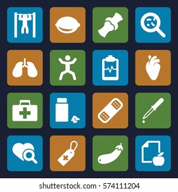 Set of 16 Health filled icons such as first aid kit, paper and apple, medical cross tag, pipette, heart search, bandage, bacteria, lemon, heart organ, lungs, bar   tightening, squat, bone