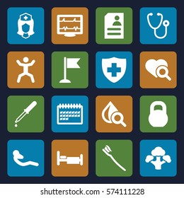 Set of 16 Health filled icons such as heartbeat, resume, stethoscope, pipette, heart search, drop under magnifier, bed, squat, abdoninal workout, tooth brush, medical sign, barbell, broccoli