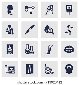 Set Of 16 Healthy Icons Set.Collection Of Handicapped, Stand, Tomography Elements.