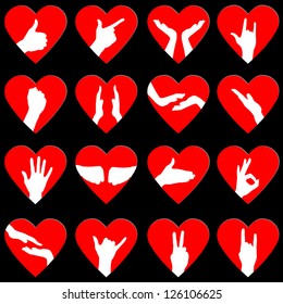 Set of 16 Heart Icons with Various Hand Gestures. Vector Illustration. Also See Pink Set.