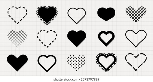 Set of 16 heart icons in various styles: dotted, solid, outlined, and checkered. Heart icons for design, love, and decoration. Heart shapes in black and white. Black Valentine's Day elements, vector.