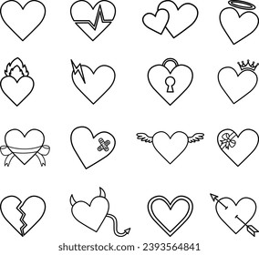 Set of 16 Hearts for Coloring Pages. Symbol of Love. Collection of Hearts. Vector Illustration of Hearts for Valentine's Day