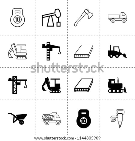 Set of 16 heavy filled and outline icons such as slab, tower crane, excavator, bulldozer, loader truck, whellbarrow, 10 kg bell, axe, construction crane, larry, tipper