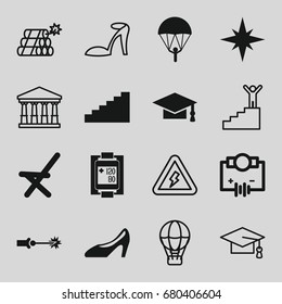 set of 16 high filled and outline icons such as graduation cap, outdoor chair, woman shoe, blood pressure measure, electric circuit, explosion, stairs, court