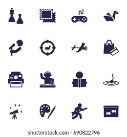 Set Of 16 Hobbie Icons Set.Collection Of Playing, Rod, Singer And Other Elements.